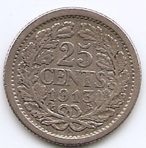 Olanda 25 Cents 1913 - Wilhelmina, Argint 3.575g/640, 19 mm KM-146 (1) foto