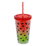 Pahar din Plastic cu Perete Dublu, Model Pepene Verde, Capac cu Pai, 410 ml, CMCLASS