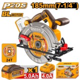 Fierastrau Circular Profesional 20V 185mm Brushless INGCO CSLI18513E, 4800 rpm, taiere 65mm la 90&deg;, 45mm la 45&deg;, ax 20mm, 1 acumulator 5Ah + incarcato