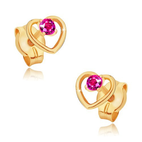 Cercei din aur 585 - contur de inimă simetrică, rubin roz rotund | Okazii.ro