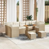 Set de Sofa Grădină vidaXL 10 Piese cu Perne Bej din Ratan Polimeric Acacia, Set de Masă Grădină vidaXL 3 Piese cu Perne Bej din Ratan Polimeric Acaci
