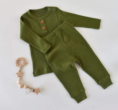 Set bluzita cu maneca lunga si pantaloni lungi din bumbac organic si modal - Verde BabyCosy (Marime: 6-9 luni) foto