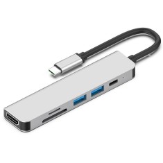 Statie de andocare, Profesional, Hub 6 in 1 CRISTALIS SALE&trade;, portabil, Adaptor USB C,4K 30hz HDMI+PD 3.0+USB 3.0+ USB 2.0 pentru laptop, Argintiu