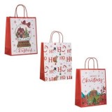 Pungi cadou kraft cu modele de Craciun, 26x12x32cm, set 3 buc, CMCLASS