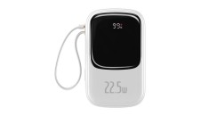 Bazaus Qpow digital display powerbank cu &icirc;ncărcare rapidă 20000mAh 22.5W QC/PD/SCP/FCP cu cablu USB-C &icirc;ncorporat alb