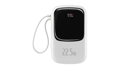 Bazaus Qpow digital display powerbank cu &amp;icirc;ncărcare rapidă 20000mAh 22.5W QC/PD/SCP/FCP cu cablu USB-C &amp;icirc;ncorporat alb foto