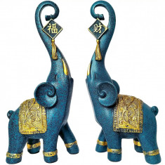 Set 2 elefanți cu trompa &icirc;n sus, elefant rasina ceramica albastru turcoaz