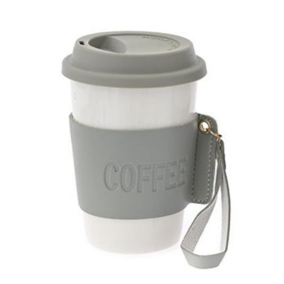 Cana de voiaj Pufo Love Coffee din ceramica cu protectie termica pentru cafea sau ceai, 415 ml, alb/verde foto