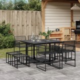 Set Mobilier Gradina 9 Piese Poliratan Negru, Masa Sticla, Cadru Otel