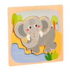 Puzzle montessori din lemn pentru copii, flippy, 3d, 0-3 ani, model elefant, educativ, intuitiv, creativ, 4 piese, 15x15x0.5 cm, multicolor