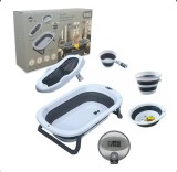 Set cadita pliabila de baie bebelusi 5 in 1, termometru digital, suport tip hamac, include galeata, lighean si cana, picioare antiderapante, gri
