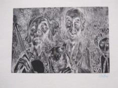 Gravura,Eugen Bratfanof,Familia,14,3x21cm coala,cu rama,pp,sticla