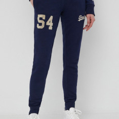 Superdry pantaloni de trening femei, culoarea albastru marin, cu imprimeu