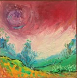 Pictură originală ulei pe p&acirc;nză &bdquo;Lună violet sub cerul purpuriu&rdquo; 20x20 cm, pe șasiu. Certificat cu semnătura și ștampila artistului