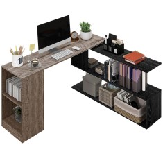 HOMCOM Birou de Colț cu Raft &icirc;n Formă de S, Birou Modern din Lemn, 140x120x78 cm, Gri | Aosom Romania