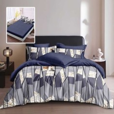 Lenjerie de pat finet 6 piese, cearceaf pat cu elastic, cearceaf pilota 200x230, 2 fete perna 50x70, 2 fete perna 70x70, Extra, Albastru geometric Rel