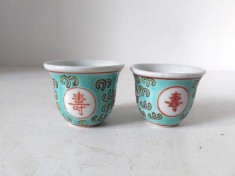 Lot 2 pahare mici de sake, China, culoare verde deschis, Jingdezhen vintage, porțelan chinezesc, oriental asiatic