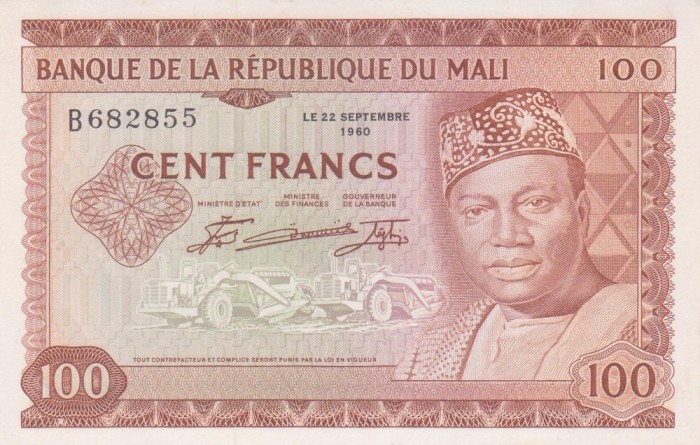 Bancnota Mali 100 Franci 1960 (1967) - P7 UNC I vezi descriere )