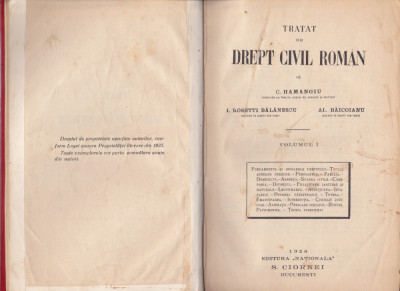 AS - C. HAMANGIU - TRATAT DE DREPT CIVIL ROMAN, VOL.1 foto