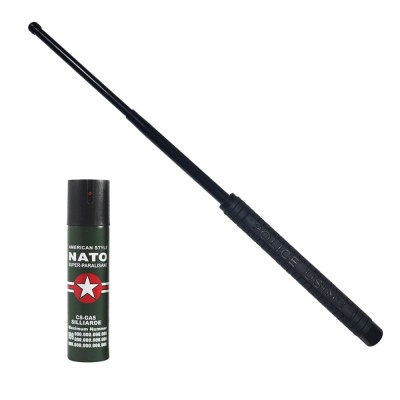 Baston telescopic Police 50 cm, negru, cadou spray NATO 60 ml foto