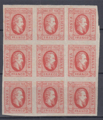 ROMANIA 1865 LP 17 A.I.CUZA EFIGIA DOMNITORULUI IN OVAL BLOC DE 9 TIMBRE MNH foto