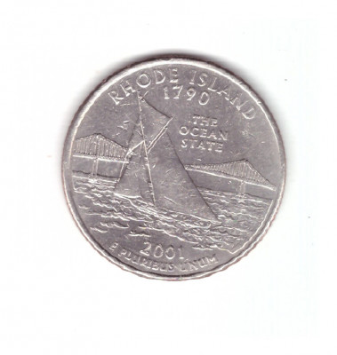 Moneda SUA 25 centi/quarter dollar 2001 D, Rhode Island 1790, stare buna, curata foto