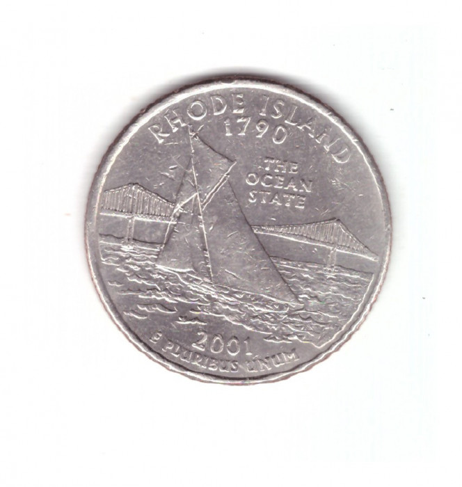 Moneda SUA 25 centi/quarter dollar 2001 D, Rhode Island 1790, stare buna, curata