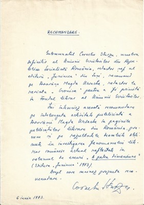 A3403N Document scris și semnat olograf de Corneliu Sturzu, 1973 foto