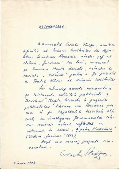 A3403N Document scris și semnat olograf de Corneliu Sturzu, 1973