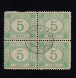 ROMANIA 1887 - TAXA DE PLATA FARA FILIGRAM 5 BANI BL 4 CIRCULAT, Stampilat