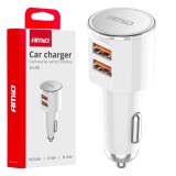 Incarcator auto AMiO 2x USB-A 3.4A, 12-24V DC, alb, design compact, pentru incarcare simultana a doua dispozitive mobile