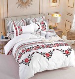 Cumpara ieftin Lenjerie pat single,bumbac finet,4 piese,cearceaf normal,motiv traditional cu flori rosii-A819, Jojo Home