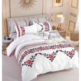 Lenjerie pat single,bumbac finet,4 piese,cearceaf normal,motiv traditional cu flori rosii-A819