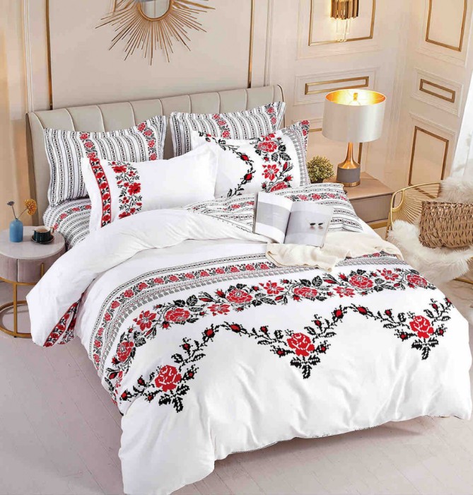Lenjerie pat single,bumbac finet,4 piese,cearceaf normal,motiv traditional cu flori rosii-A819