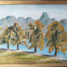 Peisaj cu copaci - pictură în ulei pe pânză de sac