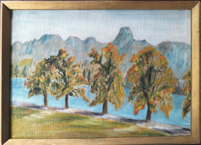 Peisaj cu copaci - pictură &icirc;n ulei pe p&acirc;nză de sac