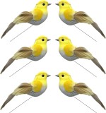 Set de 6 pasari decorative Mijoma, metal/hartie, galben/gri, 14 x 4 cm