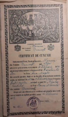 1939 Certificat de cununie, Biserica Floreasca din București, semnat olograf D1 foto