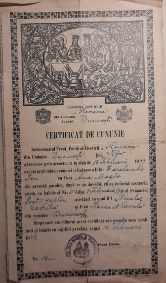 1939 Certificat de cununie, Biserica Floreasca din București, semnat olograf D1