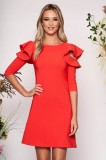 Rochie LaDonna corai eleganta de zi din stofa usor elastica cu croi in a si volanase la maneca