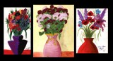 Vase cu flori de camp - 3 lucrari grafice originale, tempera pe hartie, semnate