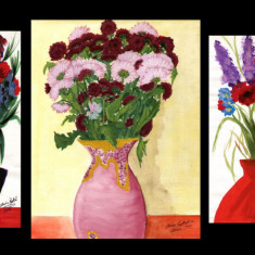 Vase cu flori de camp - 3 lucrari grafice originale, tempera pe hartie, semnate