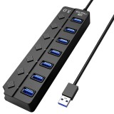 Cumpara ieftin Hub USB cu 7 porturi Techstar&reg; HUBA2402, 1 x USB 3.0, 6 x USB 2.0, indicator LED pentru putere, comutator independent, Negru