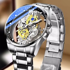 Ceas barbatesc luxury MBrands quartz, bratara inox, spate transparent, secundar forma rotita Argintiu