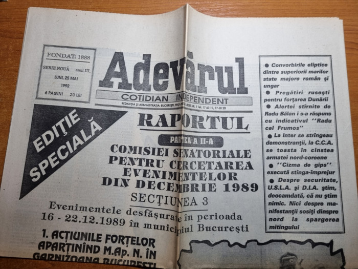 ziarul adevarul 25 mai 1992- raportul senatului despre revolutia romana