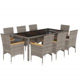 Cumpara ieftin Set mobilier de gradina cu perne 9 piese gri poliratan &amp; sticla