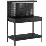 HOMCOM Banc de lucru 110 cm cu panou perforat, banc robust cu șină de prize și iluminare LED, Negru | Aosom Romania