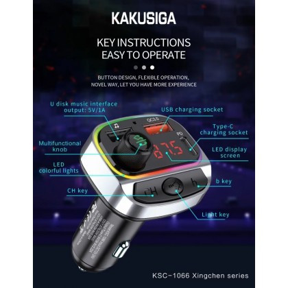 Modulator FM / MP3, Incarcator Auto 20W PD / QC 3.0 18W, Bluetooth, KAKUSIGA KSC-1066, Blister