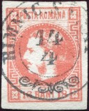 1868 , Lp 24 , Carol I cu favoriti 18 Bani rosu , Stampilat , Agrafa RAMNIC. SARAT , semnat Heimbuchler