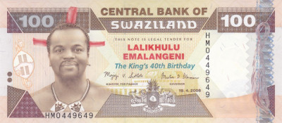 Bancnota Swaziland 100 Emalangeni 2008 - P34 UNC ( comemorativa ) foto